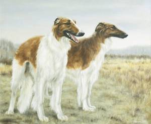 Борзые в осеннем поле», 2002 г., холст, масло, 70х80