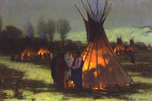 Джозеф Генри Шарп, Ночной вид лагеря племени кроу (Tepee o Tipis) Холст, масло, 85,7 х 60 см., Музей