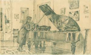 У рояля.1914 г., бумага, уголь.