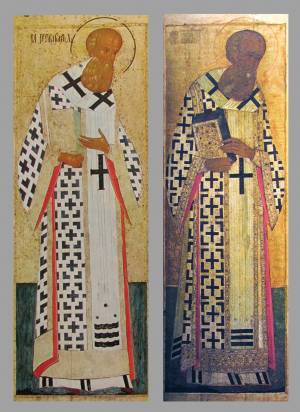 Ил. 11. Дионисий. Слева – «Григорий Двоеслов» из деисуса Рождественского собора Ферапонтова монастыр