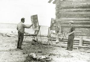 М.Е. Бронников, В.А. Игошев во время пленэра на берегу реки Обь, 1962 г. КУ Государственный архив Юг